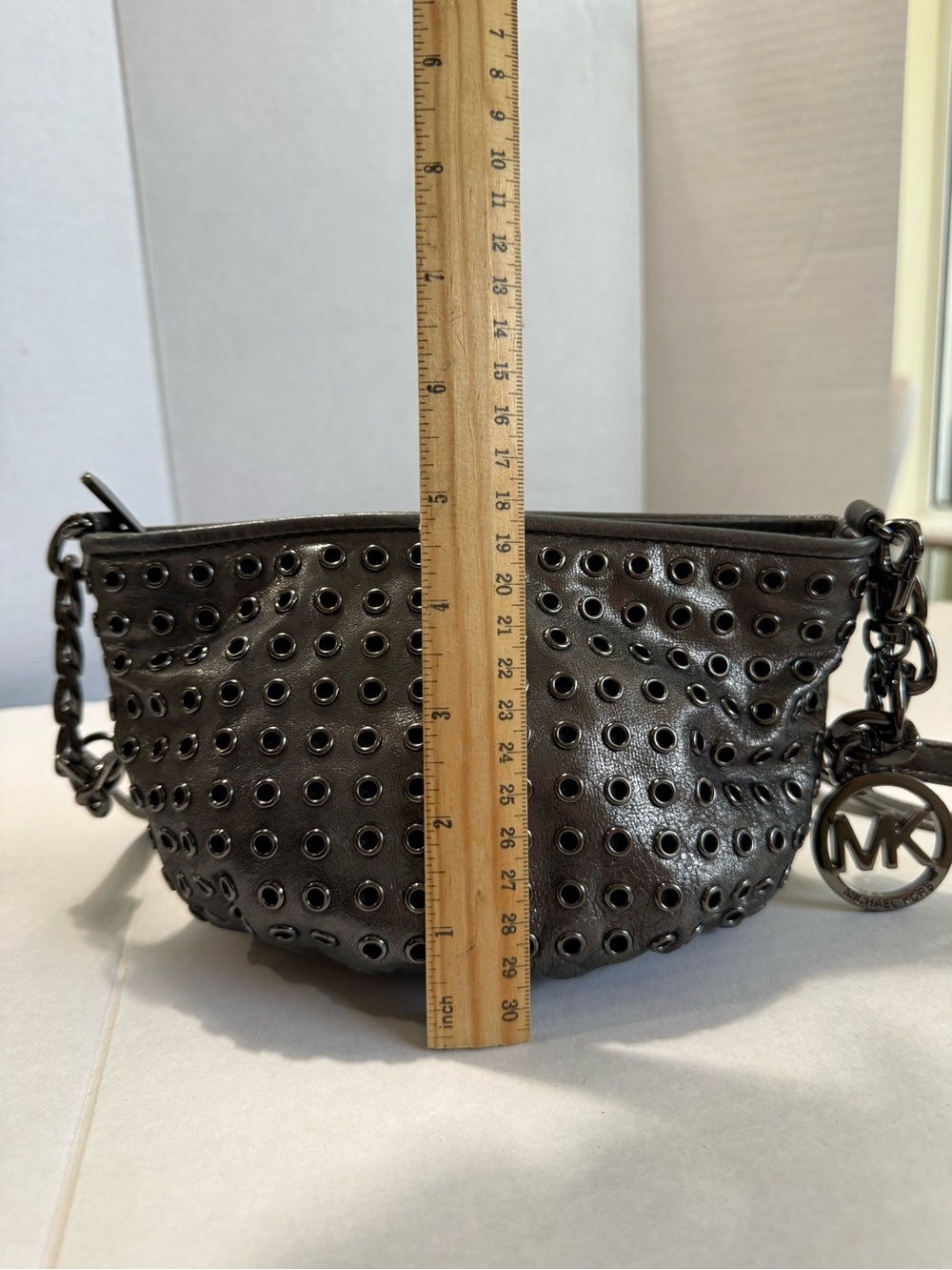 Michael Kors Small Black Leather Gunmetal Grommet-Embellished Crossbody Bag - Picture 6 of 11